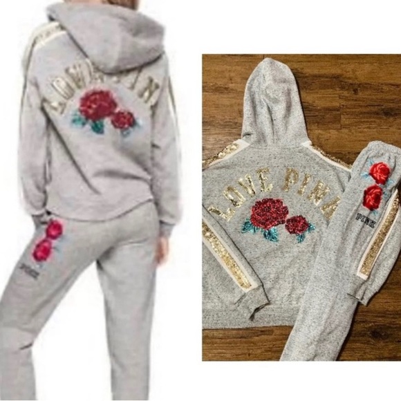 PINK VS ROSES BLING HOODIE / JOGGERS OUTFIT SET LARGE - Picture 3 of 10